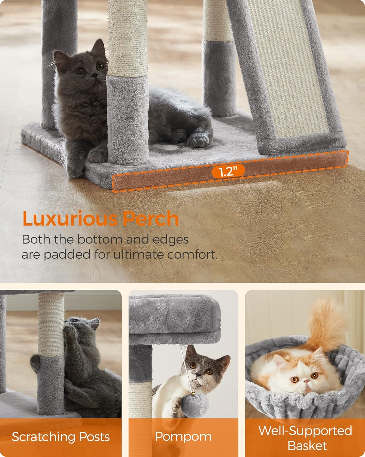 Multilevel Cat Tree with Cat Cave, Basket Lounger, and Padded Perch, Light Gray Cat Tower, Stable and Safe Plush Cat Condo with Sisal Posts for Kitten, Old Cat, Chubby Cat UPCT52W