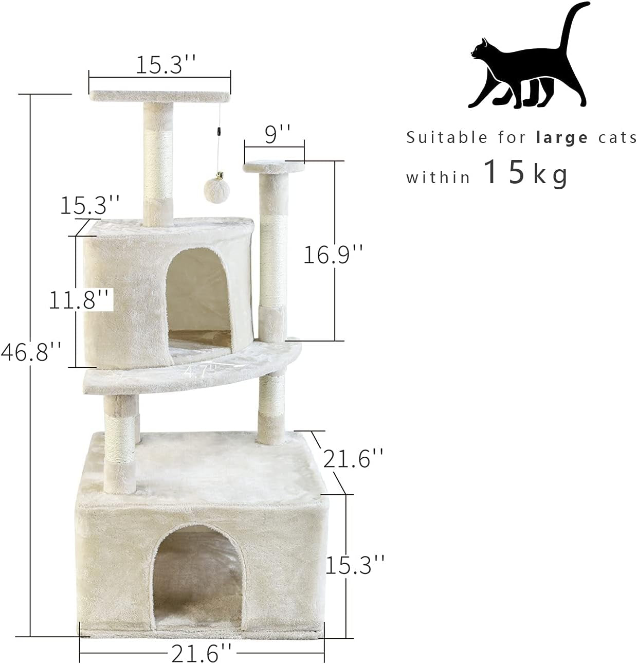 Newly Designed Cat Tree Condo, 46.8'' Multi-Level Large Cat Activity Tree with Cat Scratching Post and Big Cat House (Beige)