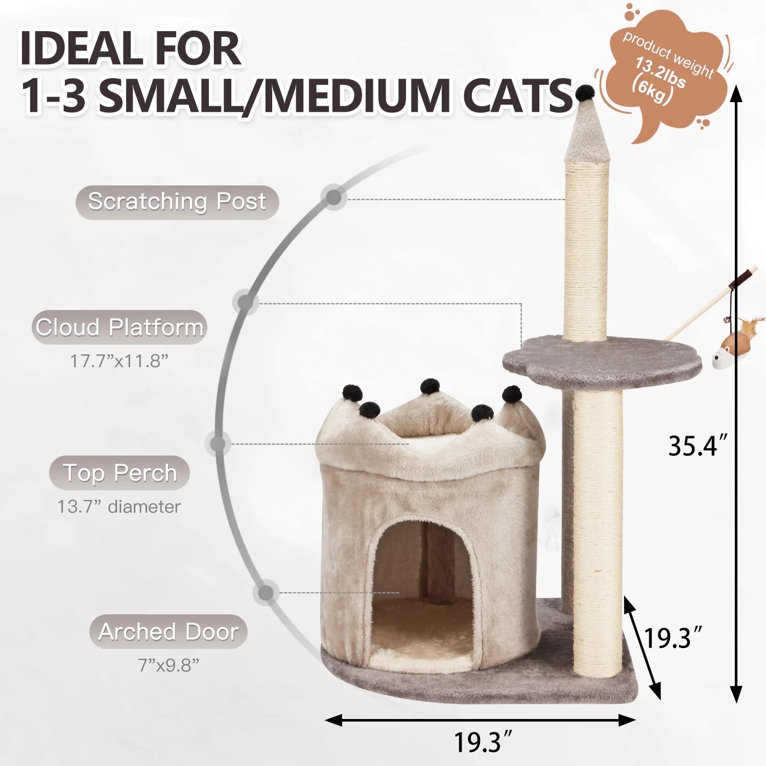 35" Cat Tree, Small Cat Tower with Scratching Post and Cat Condo, Grey