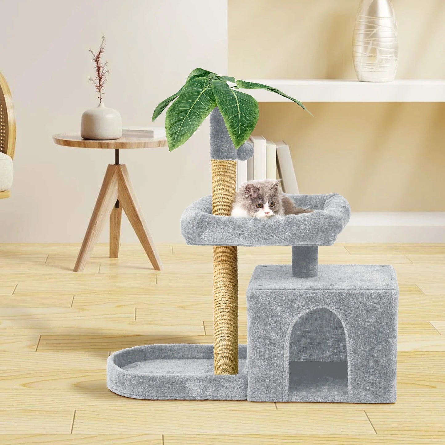 31.5" Cat Tree Cat Tower for Indoors with Green Leaves, Cat Condo Cozy Play Plush Cat House with Hang Ball and Leaf Shape Design, Cat Furniture with Cat Scratching Posts, Grey