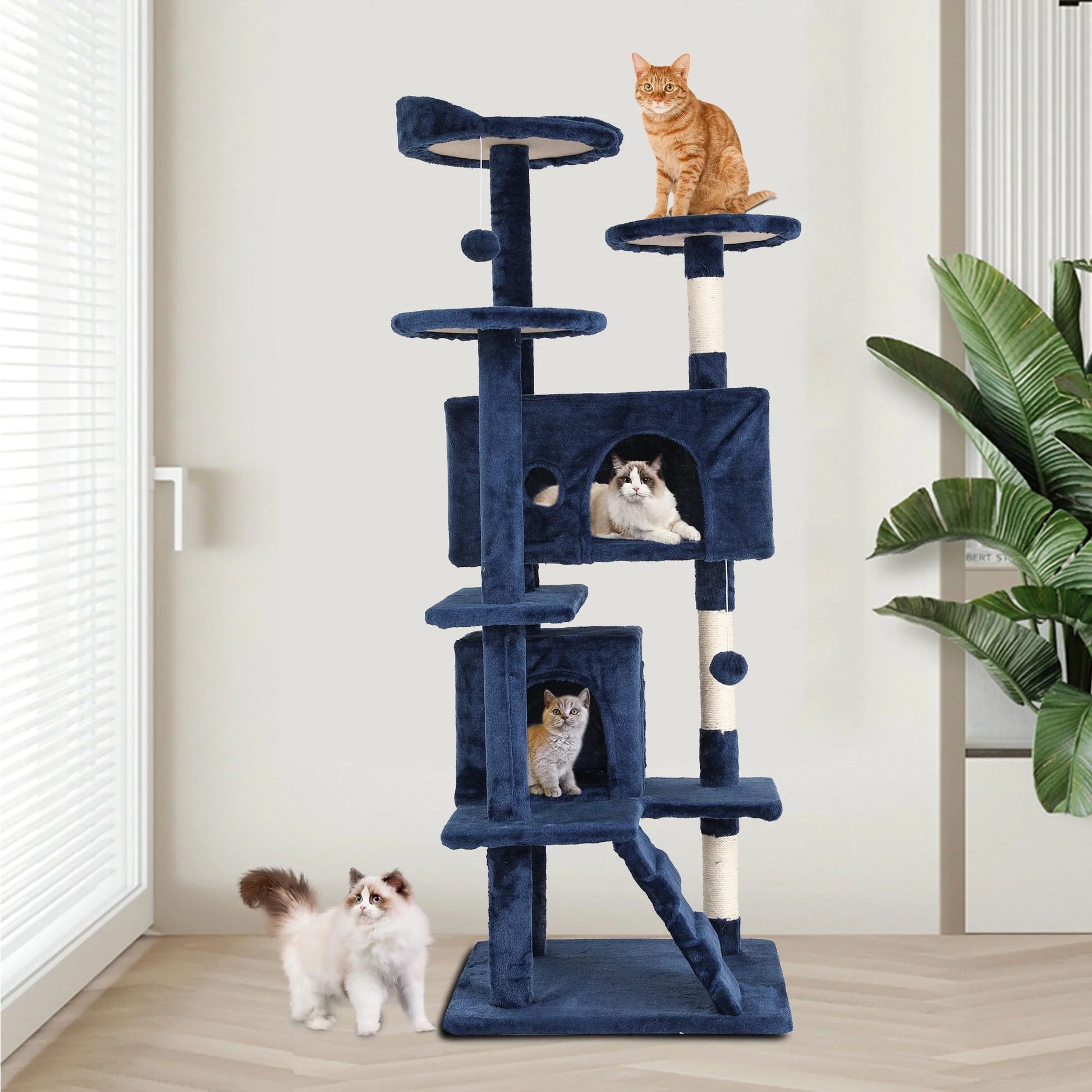 54-In Double Condo Cat Tree Tower Playhouse with Scratching Post & Perch for Indoor, Navy Blue