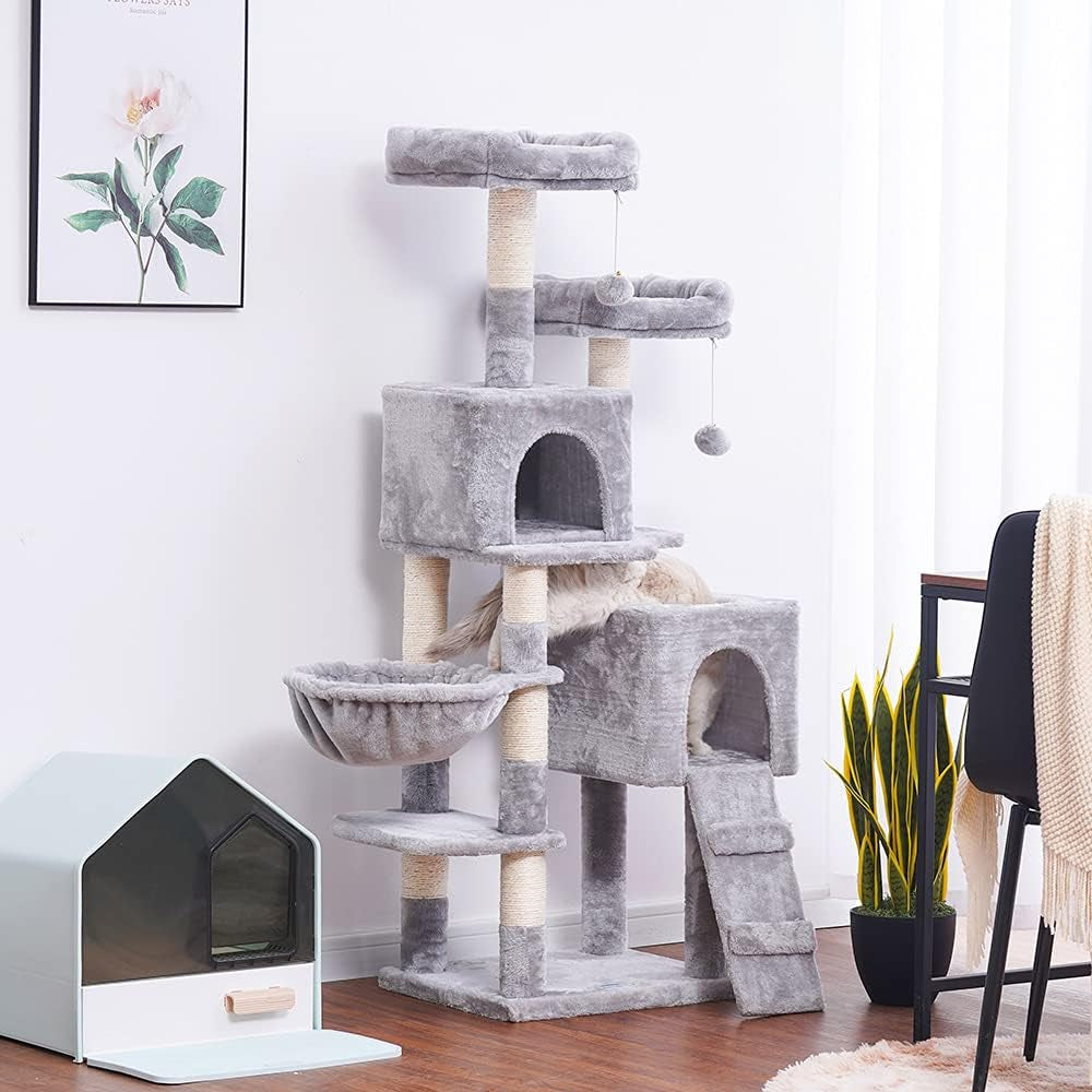 58'' Multi-Level Cat Tree Condo Furniture with Sisal-Covered Scratching Posts, 2 Plush Condos, Hammock for Kittens, Cats and Pets Light Gray MPJ013W