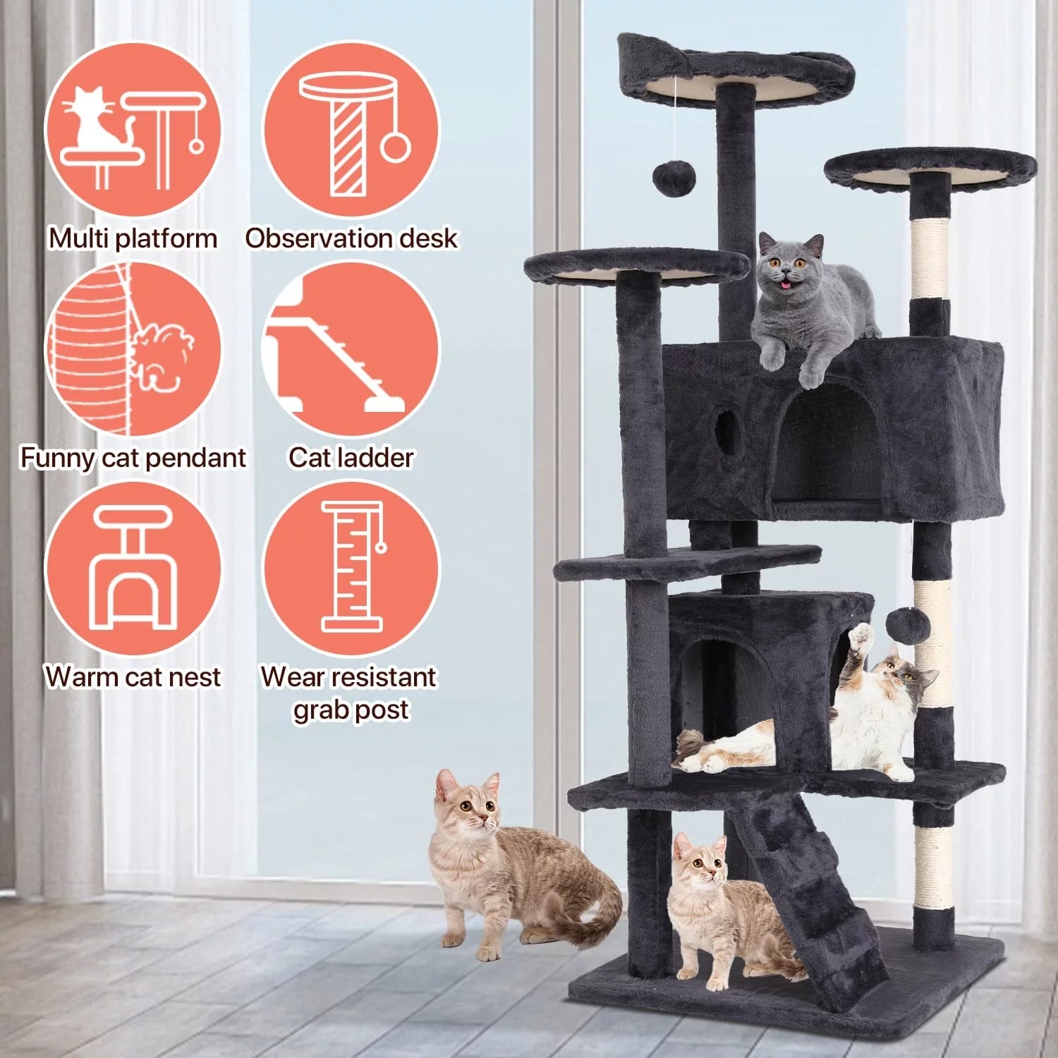 54-In Double Condo Cat Tree Tower Playhouse with Scratching Post & Perch for Indoor, Light Gray