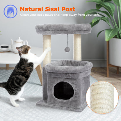 Cat Tree Condo 27" Cat Tower with Large Top Perch and Scratching Posts for Kittens and Medium Cats, Gray