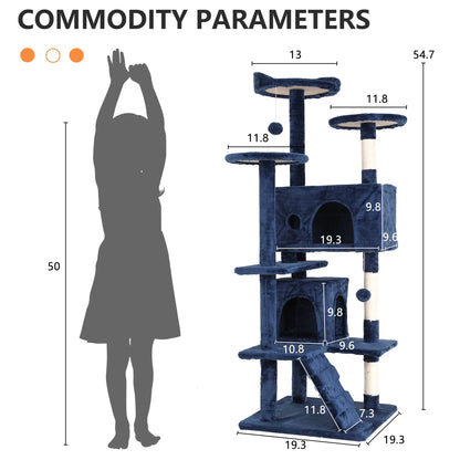 54-In Double Condo Cat Tree Tower Playhouse with Scratching Post & Perch for Indoor, Navy Blue