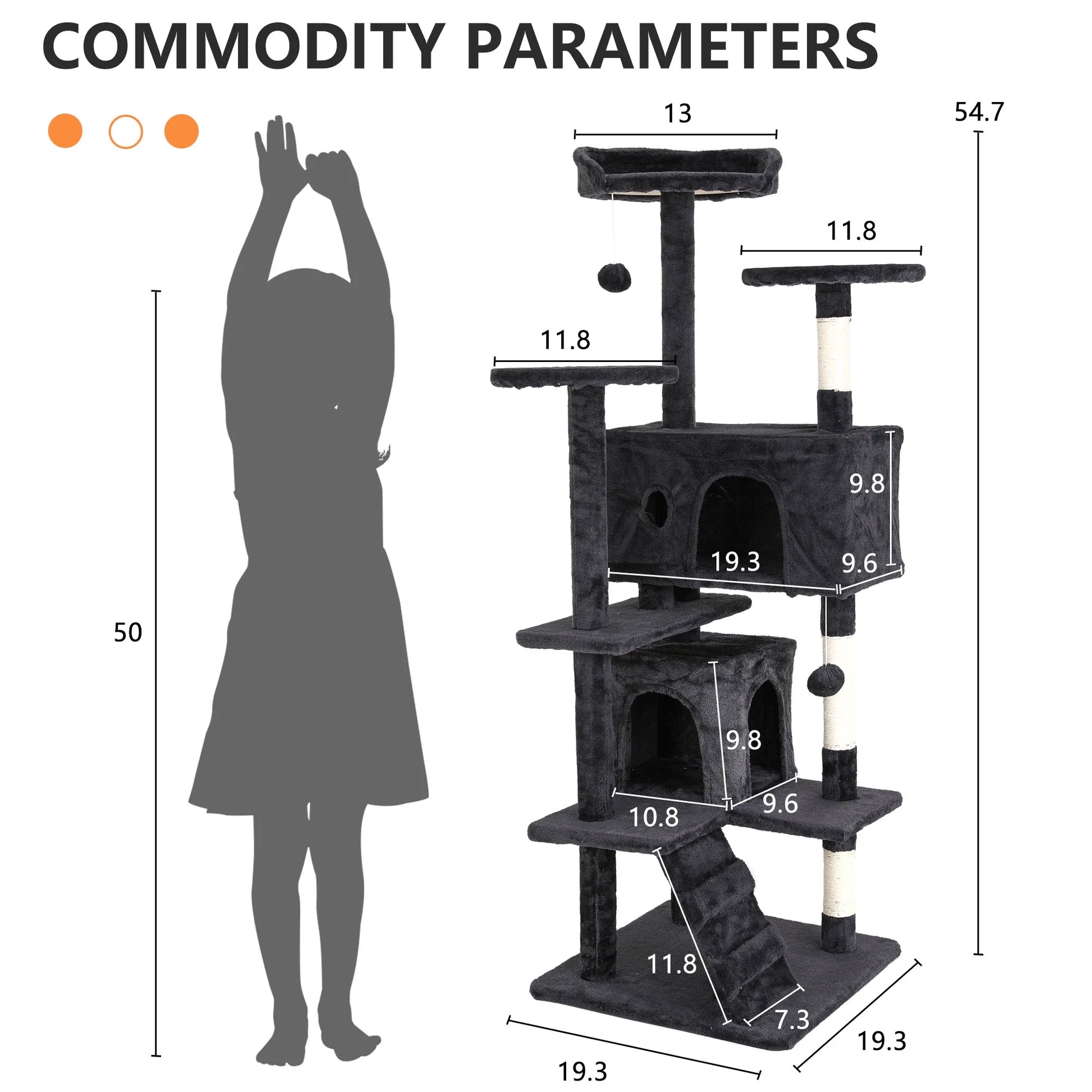 54-In Double Condo Cat Tree Tower Playhouse with Scratching Post for Indoor, Dark Gray