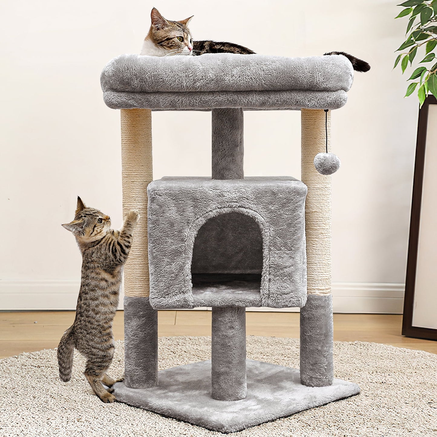 29" Cat Tree Tower for Indoor Cats Cat Condo with Sisal Scratching Posts, Plush Perch, Cat Bed Furniture, Gray