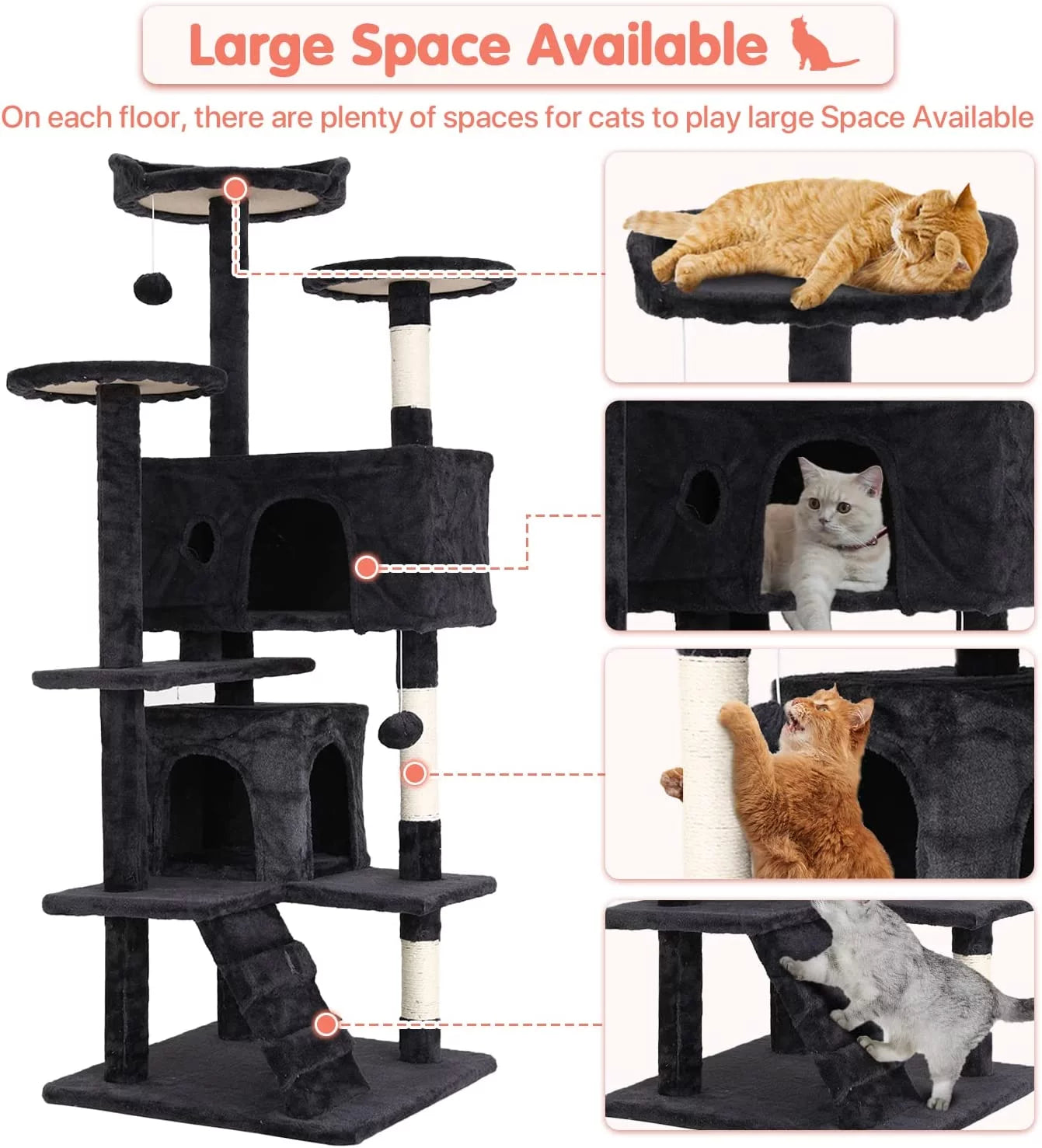 54-In Double Condo Cat Tree Tower Playhouse with Scratching Post for Indoor, Dark Gray