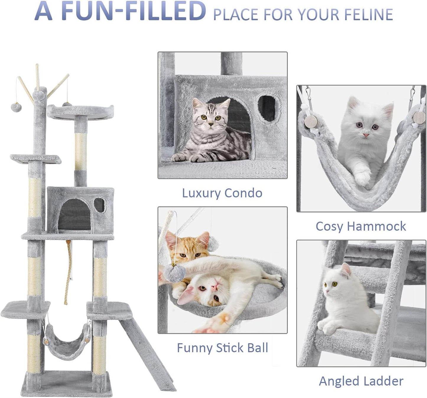 Cat Tree for Indoor Cats, 65.5 Inches Multi-Level Cat Tower Cat Tree with Hammock, Scratching Posts, Top Perch, Ladder, Cat Activity Tree Cat Condo with Toys, Cat Climbing Tower for Kitten Play