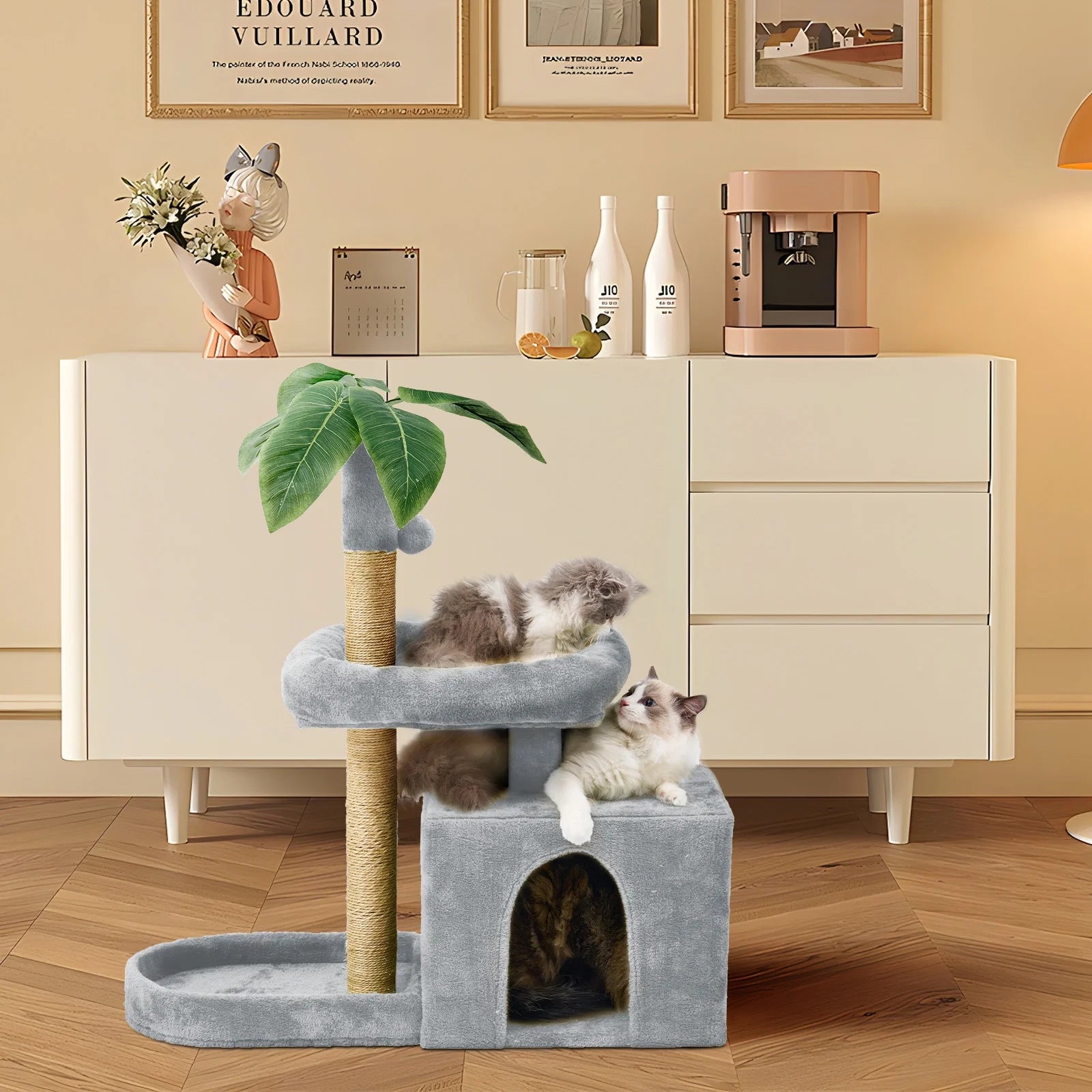 31.5" Cat Tree Cat Tower for Indoors with Green Leaves, Cat Condo Cozy Play Plush Cat House with Hang Ball and Leaf Shape Design, Cat Furniture with Cat Scratching Posts, Grey