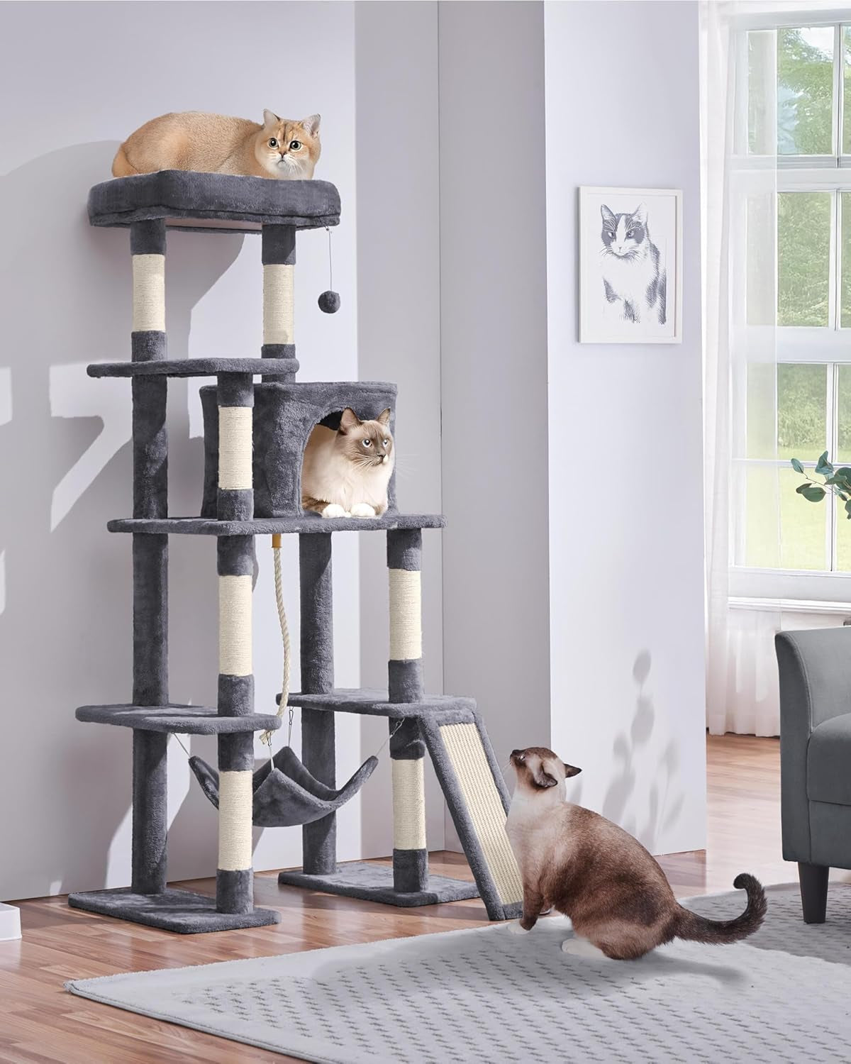 Large Multi-Level Cat Tree, 63 Inches Tall with Sisal-Covered Scratching Posts, Condo, Hammock, Dangling Ball, and Extended Platform for Cats to Play and Sleep