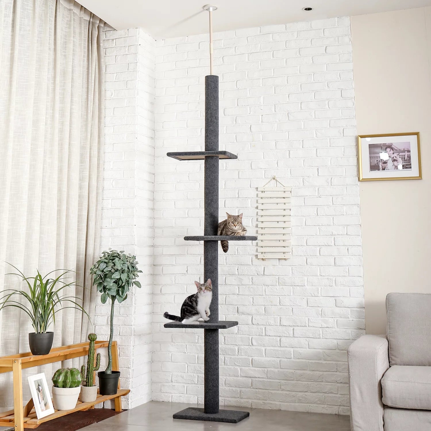 90-107" Floor to Ceiling Cat Tree Tower 4 Tier Tall Cat Climbing Posts Adjustable, Gray