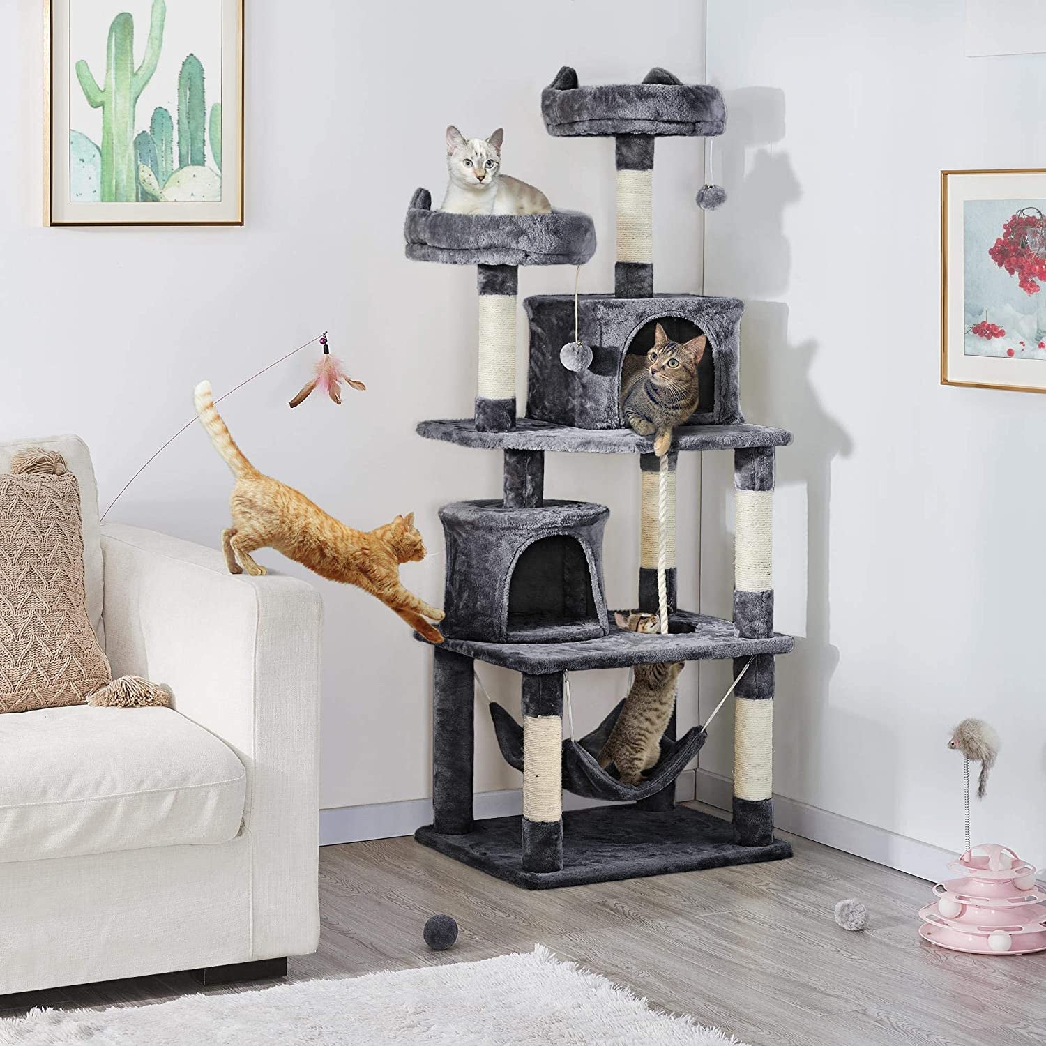 62.2Inches Cat Tree Cat Tower Cat Condo with Platform & Hammock, Scratching Posts for Kittens Pet Play House with Plush Perch for Indoor Activity Relaxing