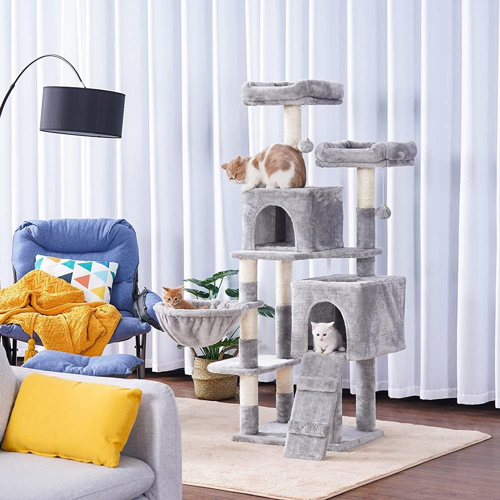 58'' Multi-Level Cat Tree Condo Furniture with Sisal-Covered Scratching Posts, 2 Plush Condos, Hammock for Kittens, Cats and Pets Light Gray MPJ013W