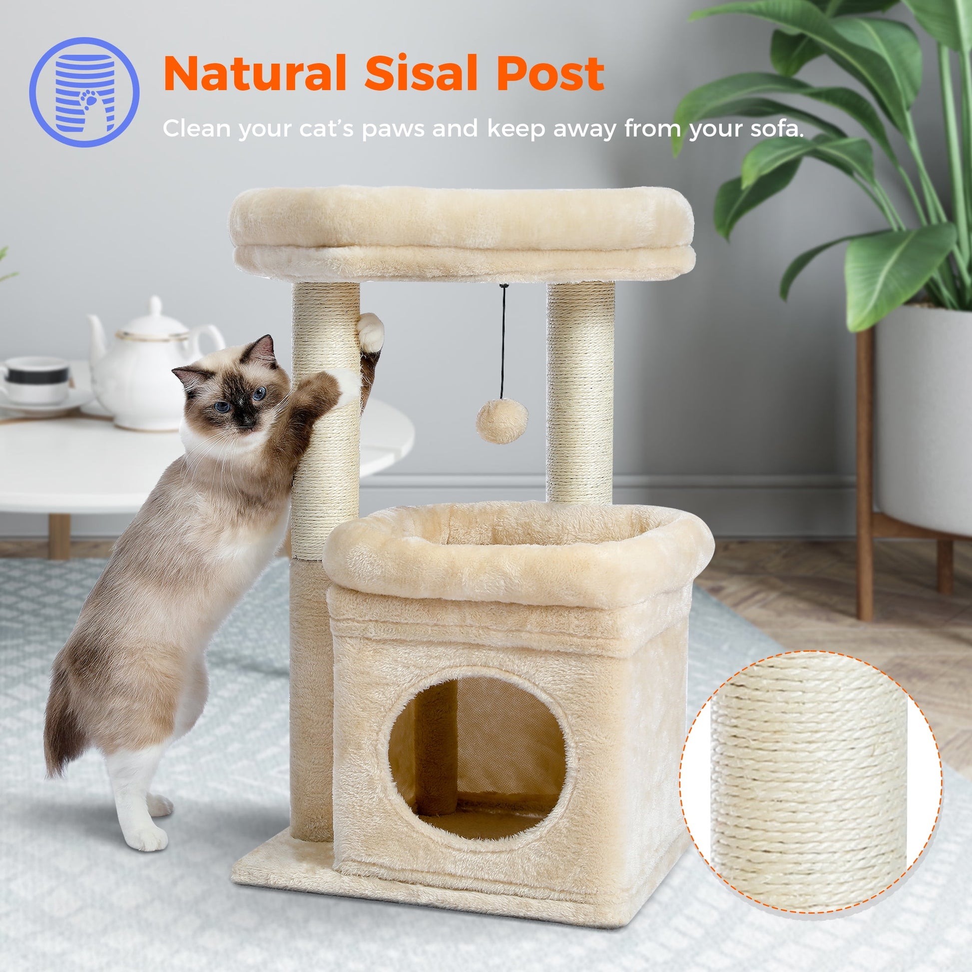 27" Cat Tree for Medium Cats Plush Condo and Scratching Posts, Beige