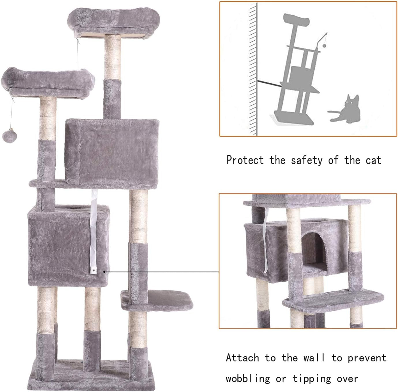 Hey-Bro 60 Inches Large Multi-Level Cat Tree Condo Furniture with Sisal-Covered Scratching Posts, 2 Plush Condos, 2 Plush Perches, for Kittens, Cats and Pets, Light Gray MPJ012W