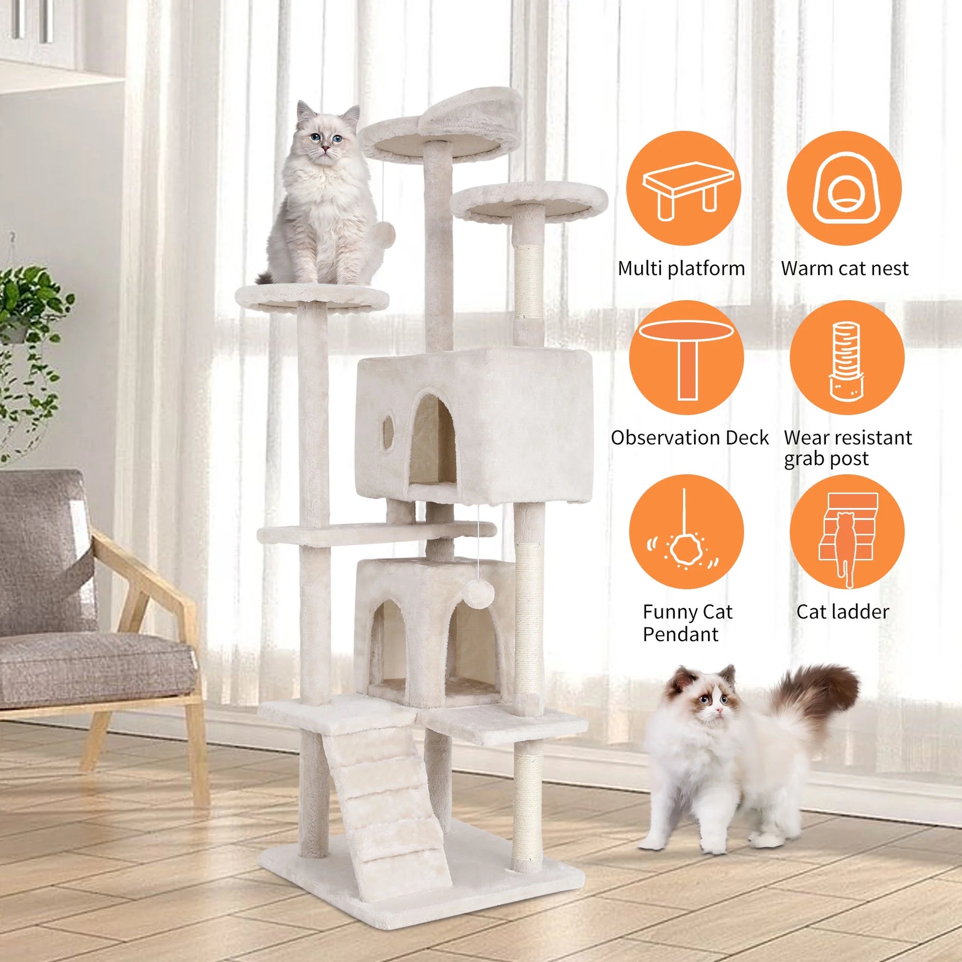 70In Cat Tree Tower for Indoor Cats,Multi-Level Cat Furniture Activity Center with Cat Scratching Posts Stand House Cat Condo with Funny Toys for Kittens Pet Play House, Beige