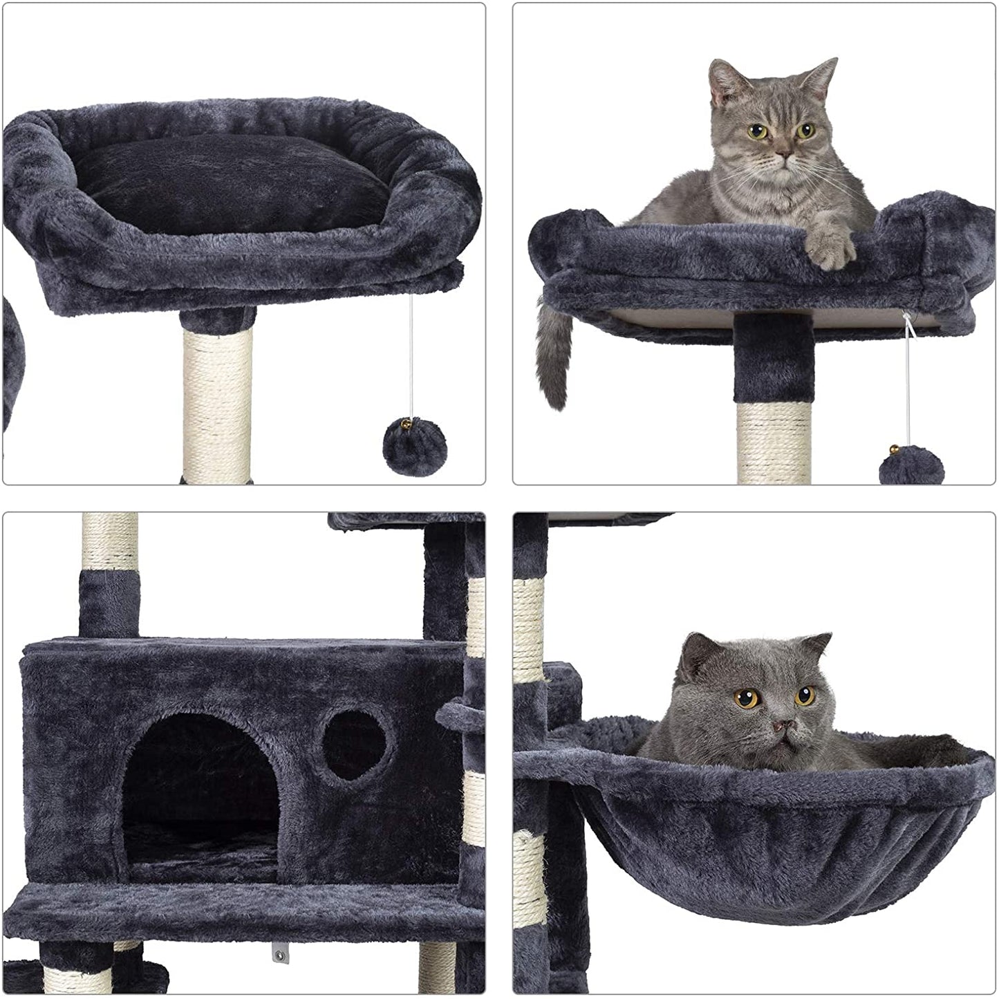 Luxury Cat Tree for Large Cats - Spacious Tower with Scratching Posts, Plush Perches, Cozy Condo & Basket in Smoky Gray