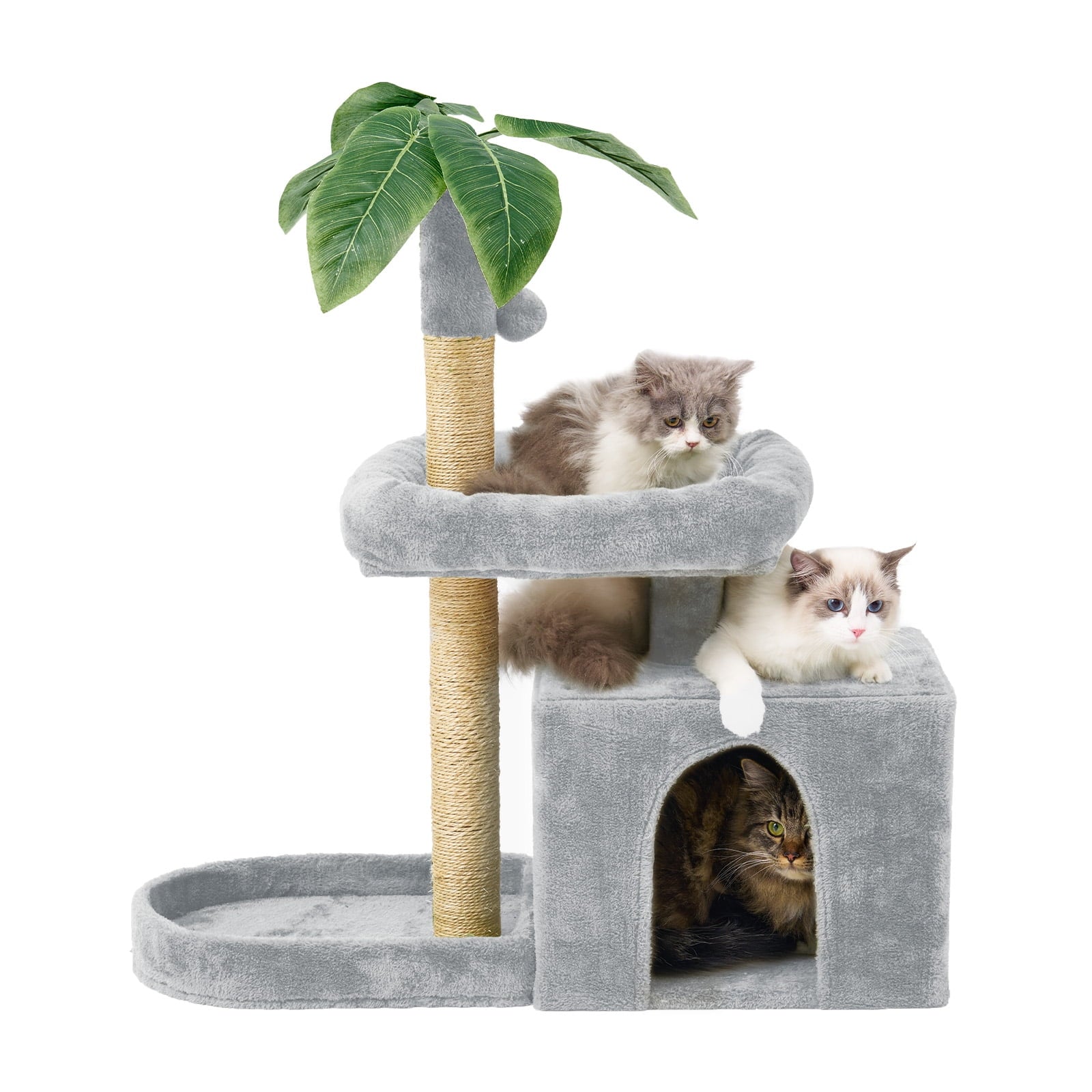 31.5" Cat Tree Cat Tower for Indoors with Green Leaves, Cat Condo Cozy Play Plush Cat House with Hang Ball and Leaf Shape Design, Cat Furniture with Cat Scratching Posts, Grey