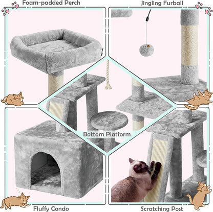 Multi-Level Cat Tree Cat Tower for Indoor Cats, Cat Condo with Scratching Posts, Cat Furniture Play Center, Plush Perch, Rotatable Cat Tree for Kittens/Large Cat, Light Gray