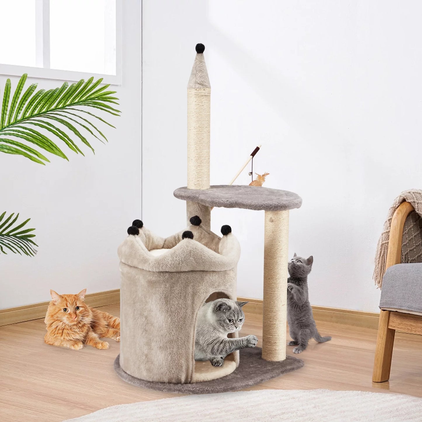 35" Cat Tree, Small Cat Tower with Scratching Post and Cat Condo, Grey