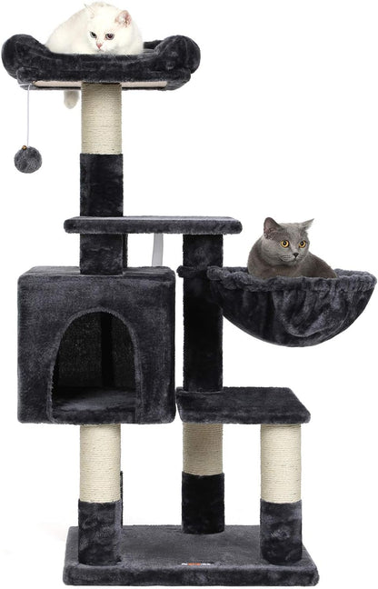 Multi-Level Cat Tree with Cat Cave, Basket Lounger, Padded Perch, Cat Tower, Stable and Safe Plush Cat Condo with Sisal Posts for Kitten, Old Cat, Chubby Cat, Smoky Gray UPCT052G01