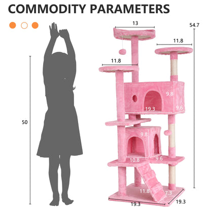 54-In Double Condo Cat Tree Tower Playhouse with Scratching Post & Perch for Indoor, Pink