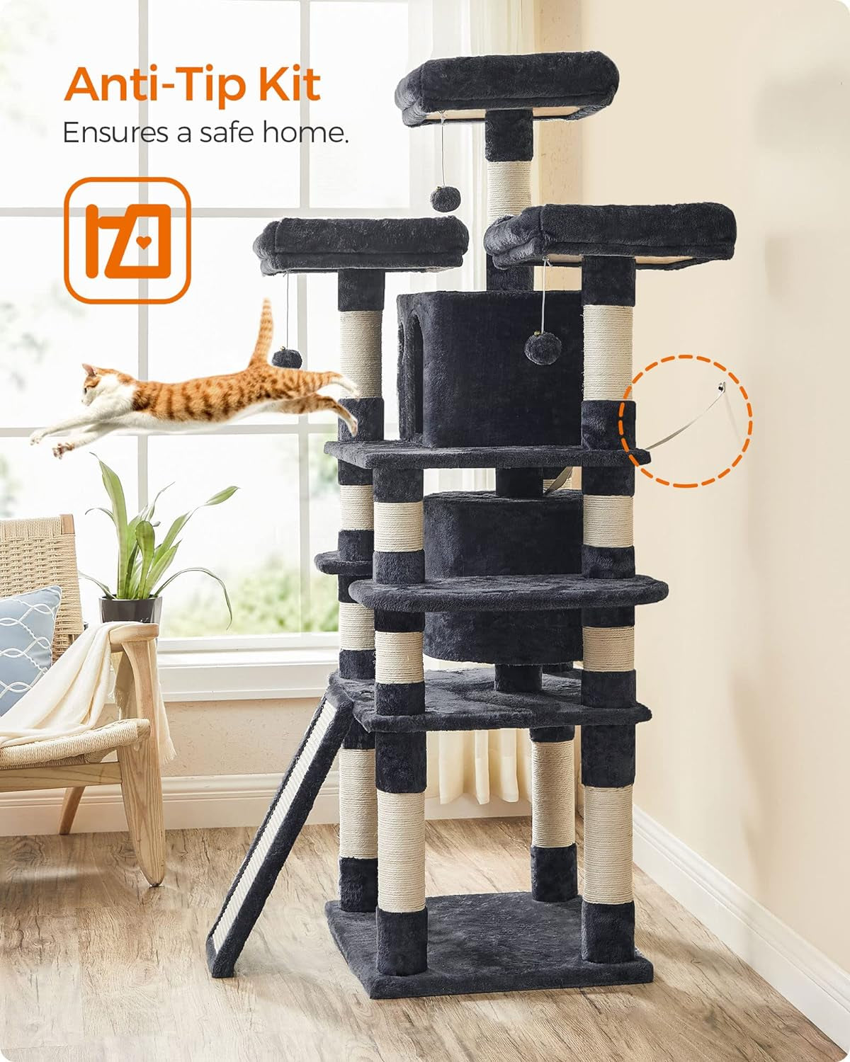 67-Inch Multi-Level Cat Tree for Large Cats, with Cozy Perches, Stable, Smoky Gray UPCT18G