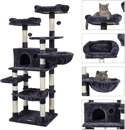 Luxury Cat Tree for Large Cats - Spacious Tower with Scratching Posts, Plush Perches, Cozy Condo & Basket in Smoky Gray