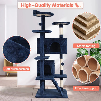 54-In Double Condo Cat Tree Tower Playhouse with Scratching Post & Perch for Indoor, Navy Blue