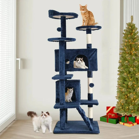 54-In Double Condo Cat Tree Tower Playhouse with Scratching Post & Perch for Indoor, Navy Blue