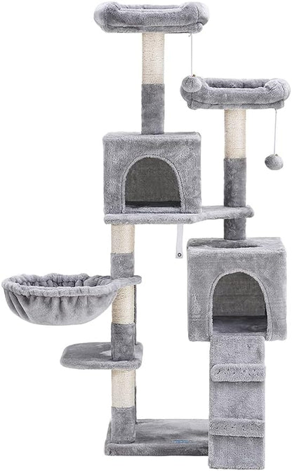 58'' Multi-Level Cat Tree Condo Furniture with Sisal-Covered Scratching Posts, 2 Plush Condos, Hammock for Kittens, Cats and Pets Light Gray MPJ013W