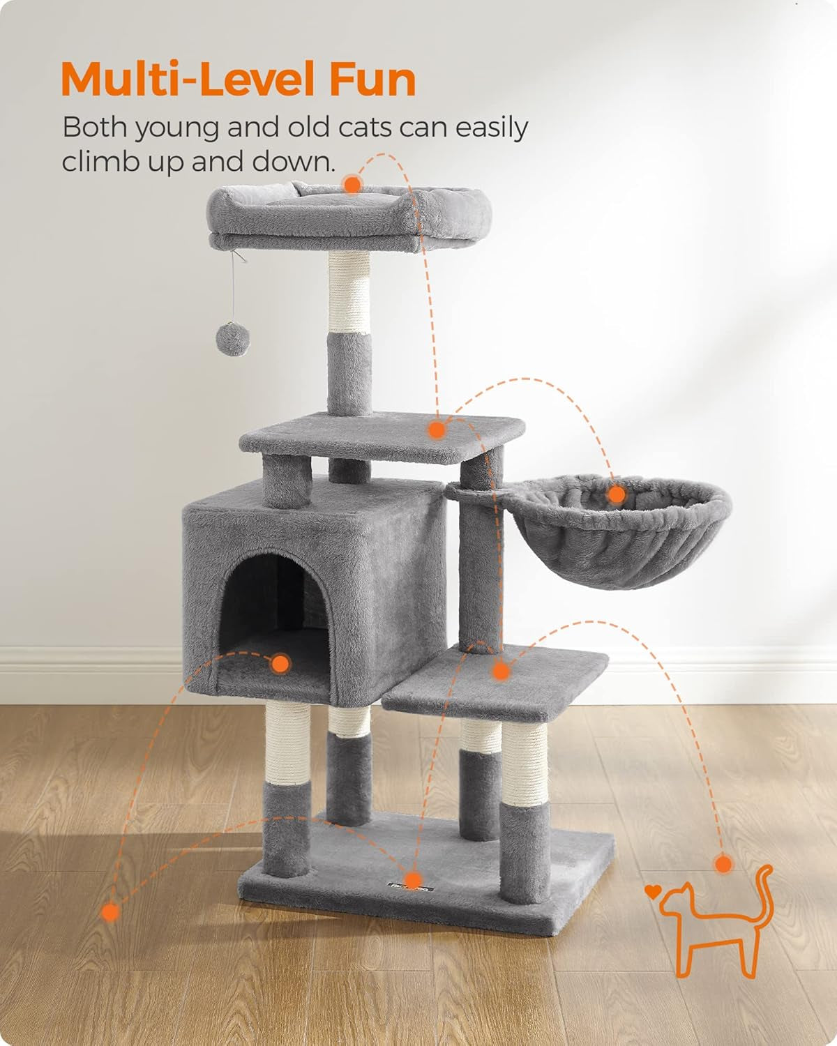 Multilevel Cat Tree with Cat Cave, Basket Lounger, and Padded Perch, Light Gray Cat Tower, Stable and Safe Plush Cat Condo with Sisal Posts for Kitten, Old Cat, Chubby Cat UPCT52W