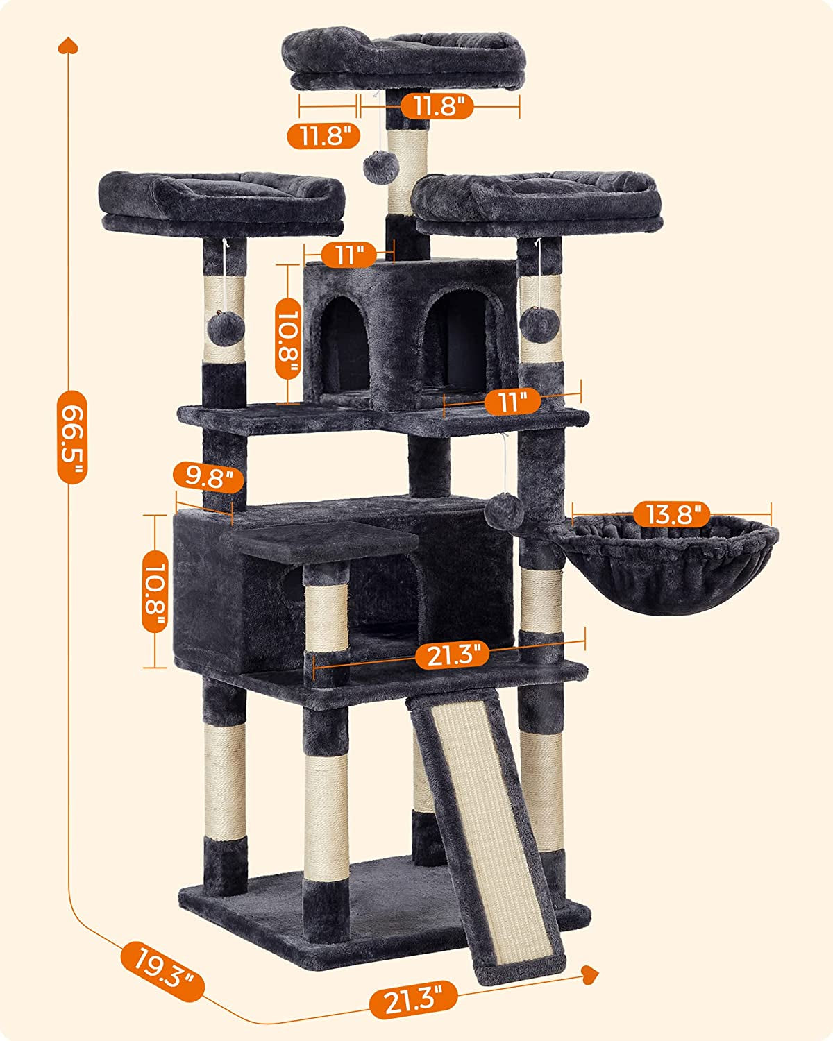 Cat Tree, Large Cat Tower, Cat Condo with Scratching Posts, Board, 2 Caves, 3 Plush Perches, Activity Center, 66.5 Inches, Smoky Gray UPCT019G01