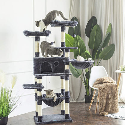 Luxury Cat Tree for Large Cats - Spacious Tower with Scratching Posts, Plush Perches, Cozy Condo & Basket in Smoky Gray