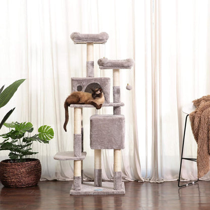 Hey-Bro 60 Inches Large Multi-Level Cat Tree Condo Furniture with Sisal-Covered Scratching Posts, 2 Plush Condos, 2 Plush Perches, for Kittens, Cats and Pets, Light Gray MPJ012W