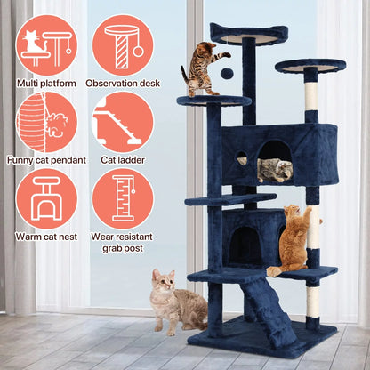 54-In Double Condo Cat Tree Tower Playhouse with Scratching Post & Perch for Indoor, Navy Blue