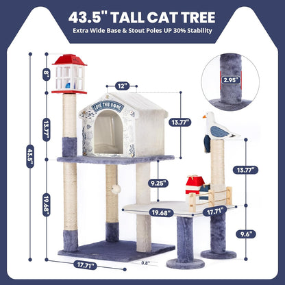 43.5In Cat Tower, Cat Tree with Cozy Condo & Scratching Post, Cat Tree Tower with Jumping Platform for Indoor Cats