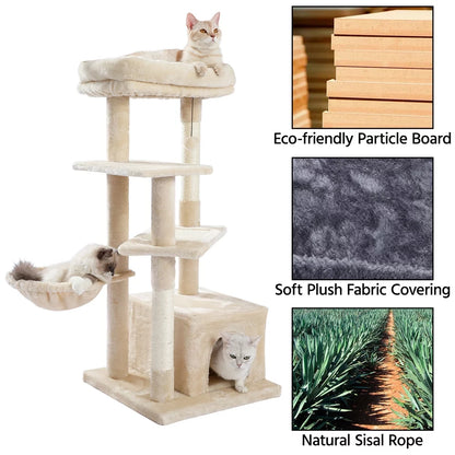 Cat Tree for Indoor Cats, 45Inches Multi-Level Cat Tower with Sisal Covered Scratching Posts, Spacious Condo, Cozy Hammock and Plush Top Perch