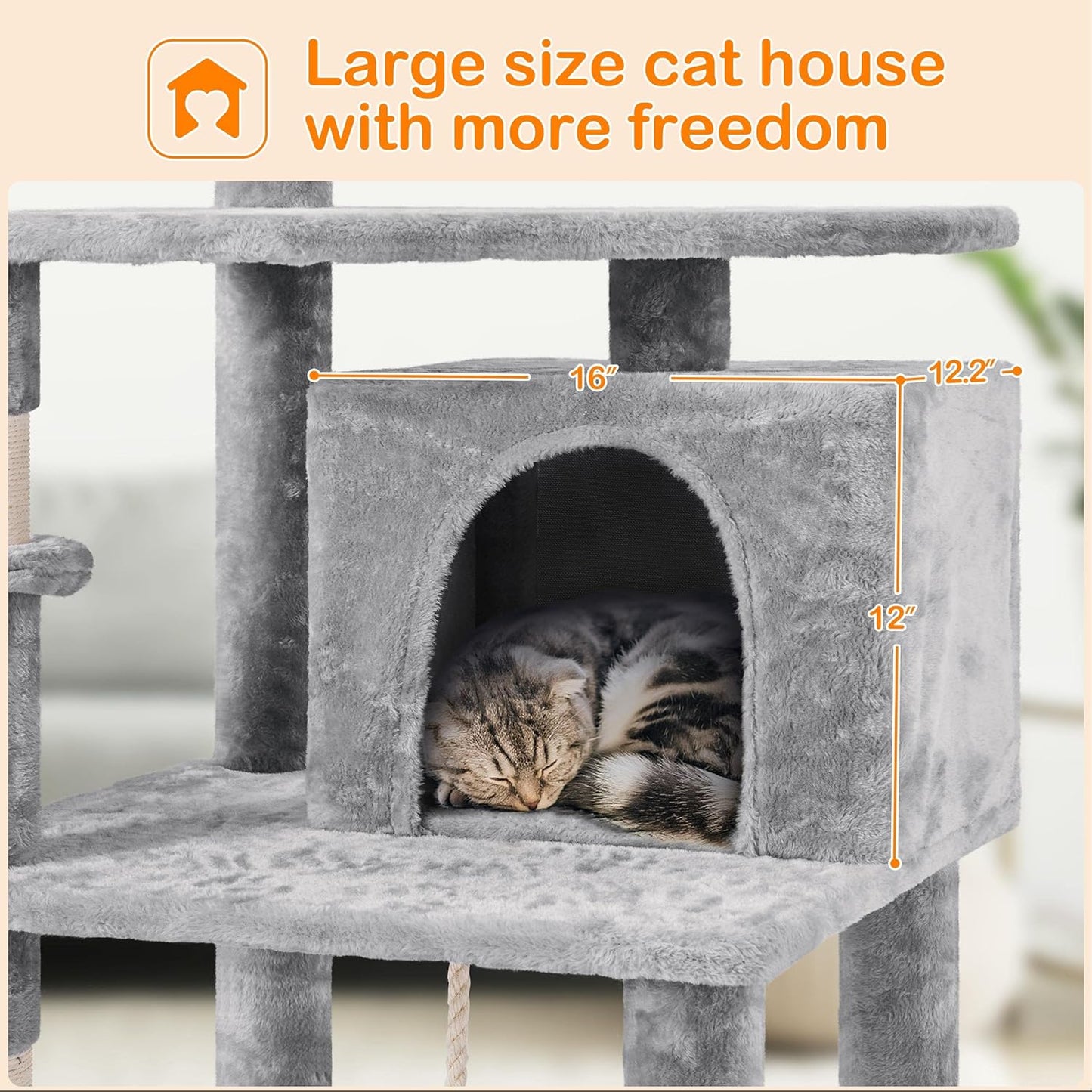 70 Inches Stable Cat Tree with Padded Platform, Replaceable Dangling Balls, Hammock, Basket and Condo, Cat Tower Furniture for Kittens, Cats and Pets