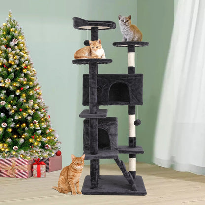 54-In Double Condo Cat Tree Tower Playhouse with Scratching Post for Indoor, Dark Gray