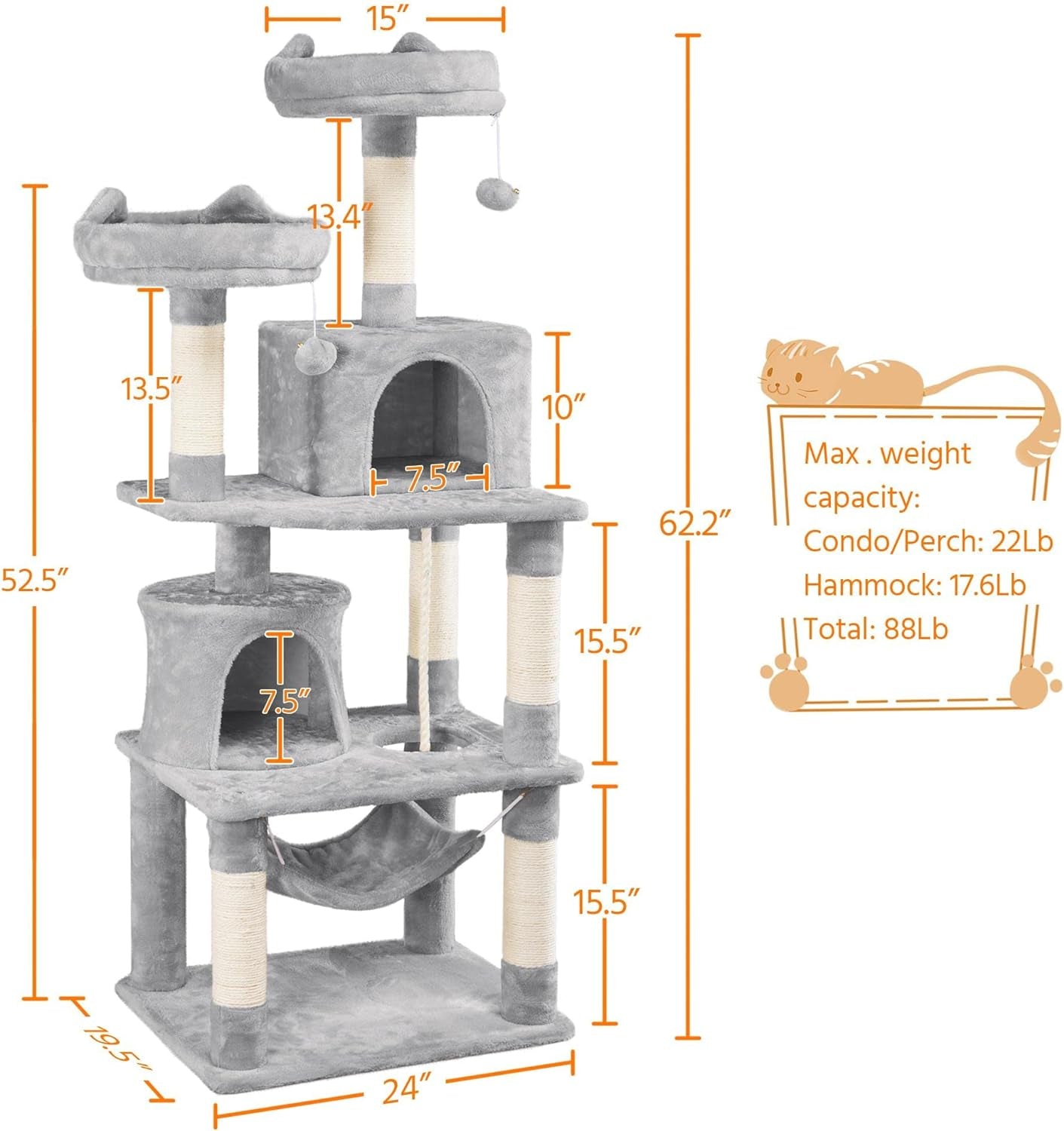 62.2Inches Cat Tree Cat Towers Cat Condo with Platform & Hammock, Scratching Posts for Kittens Pet Play House with Plush Perch for Indoor Activity Relaxing