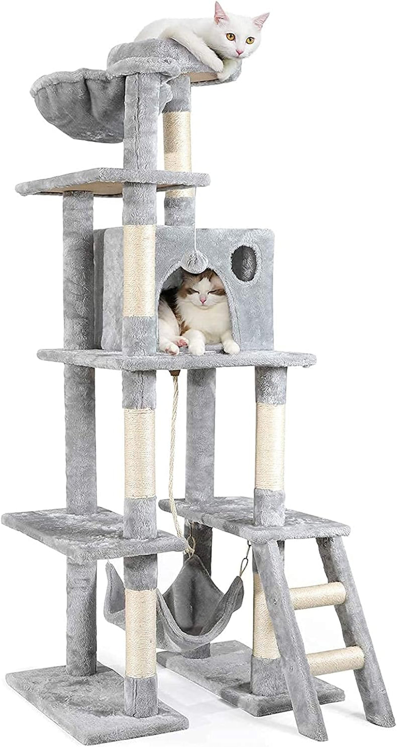 Deluxe 61" Cat Tree Tower - Multi-Level Condo with Hammock, Scratching Posts, Plush Perch & Toys - Perfect for Indoor Kittens - Light Grey