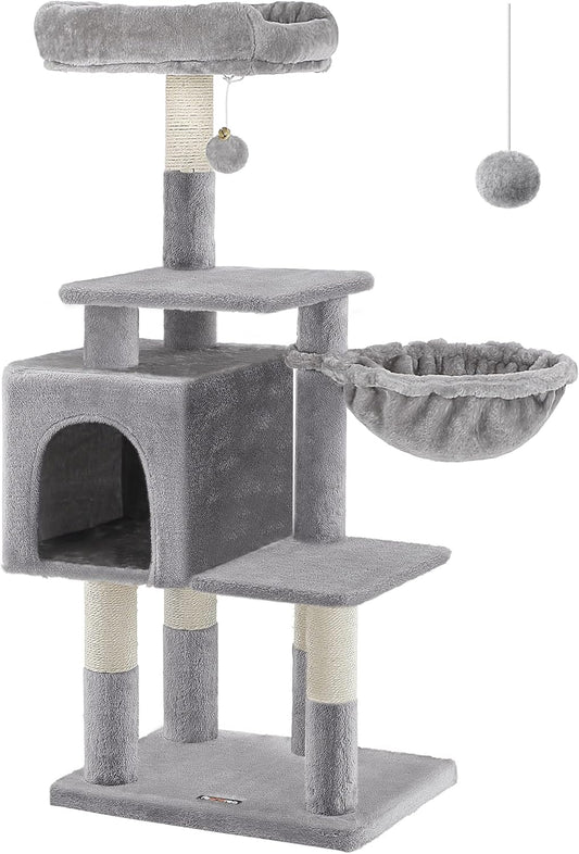 Multilevel Cat Tree with Cat Cave, Basket Lounger, and Padded Perch, Light Gray Cat Tower, Stable and Safe Plush Cat Condo with Sisal Posts for Kitten, Old Cat, Chubby Cat UPCT52W