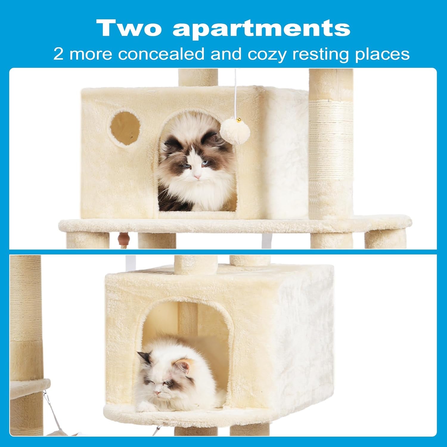 Large Multi-Level Cat Tree Condo Furniture with Sisal-Covered Scratching Posts, 2 Bigger Plush Condos, Perch Hammock for Kittens, Cats and Pets Beige MPJ020M