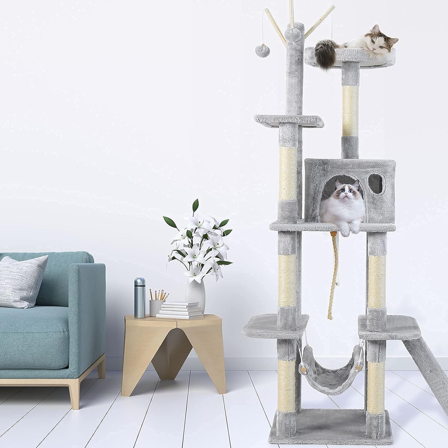 Cat Tree for Indoor Cats, 65.5 Inches Multi-Level Cat Tower Cat Tree with Hammock, Scratching Posts, Top Perch, Ladder, Cat Activity Tree Cat Condo with Toys, Cat Climbing Tower for Kitten Play