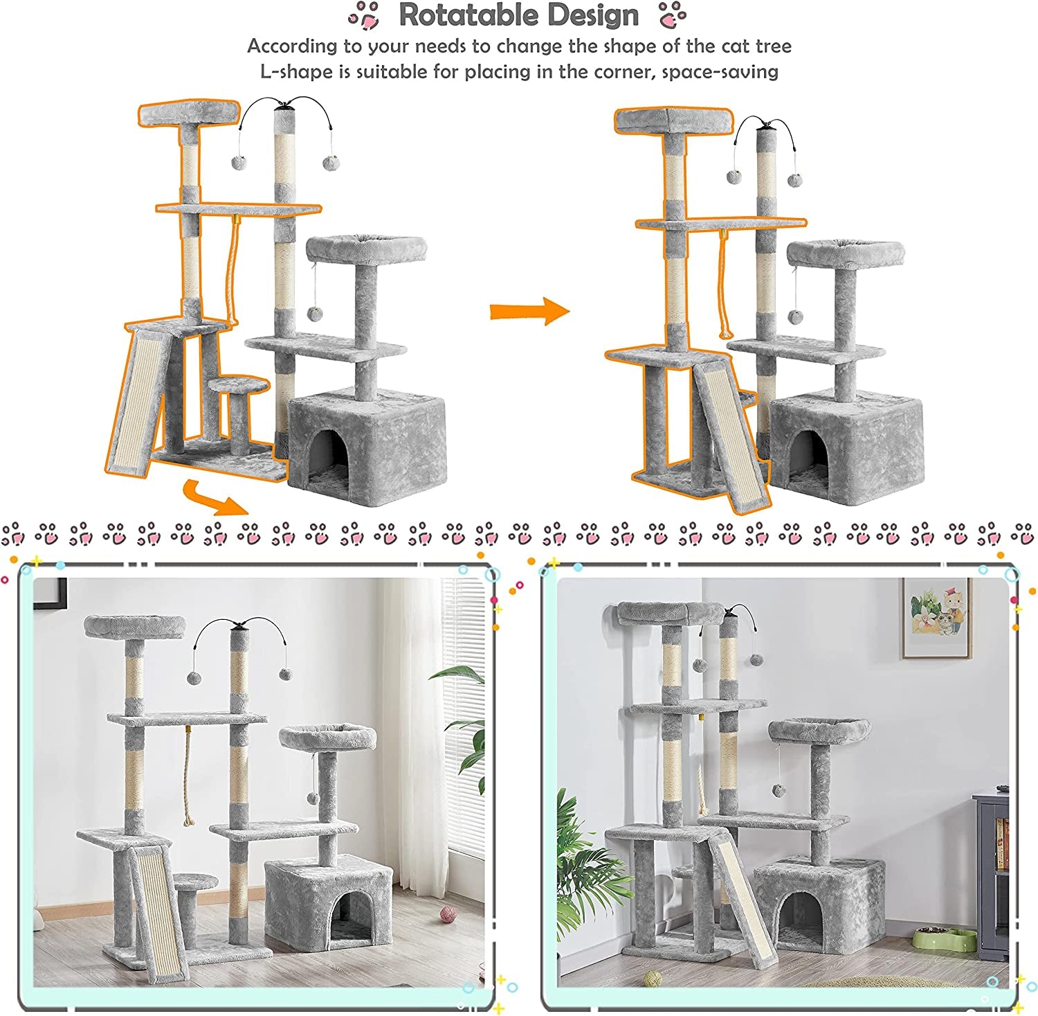 Multi-Level Cat Tree Cat Tower for Indoor Cats, Cat Condo with Scratching Posts, Cat Furniture Play Center, Plush Perch, Rotatable Cat Tree for Kittens/Large Cat, Light Gray