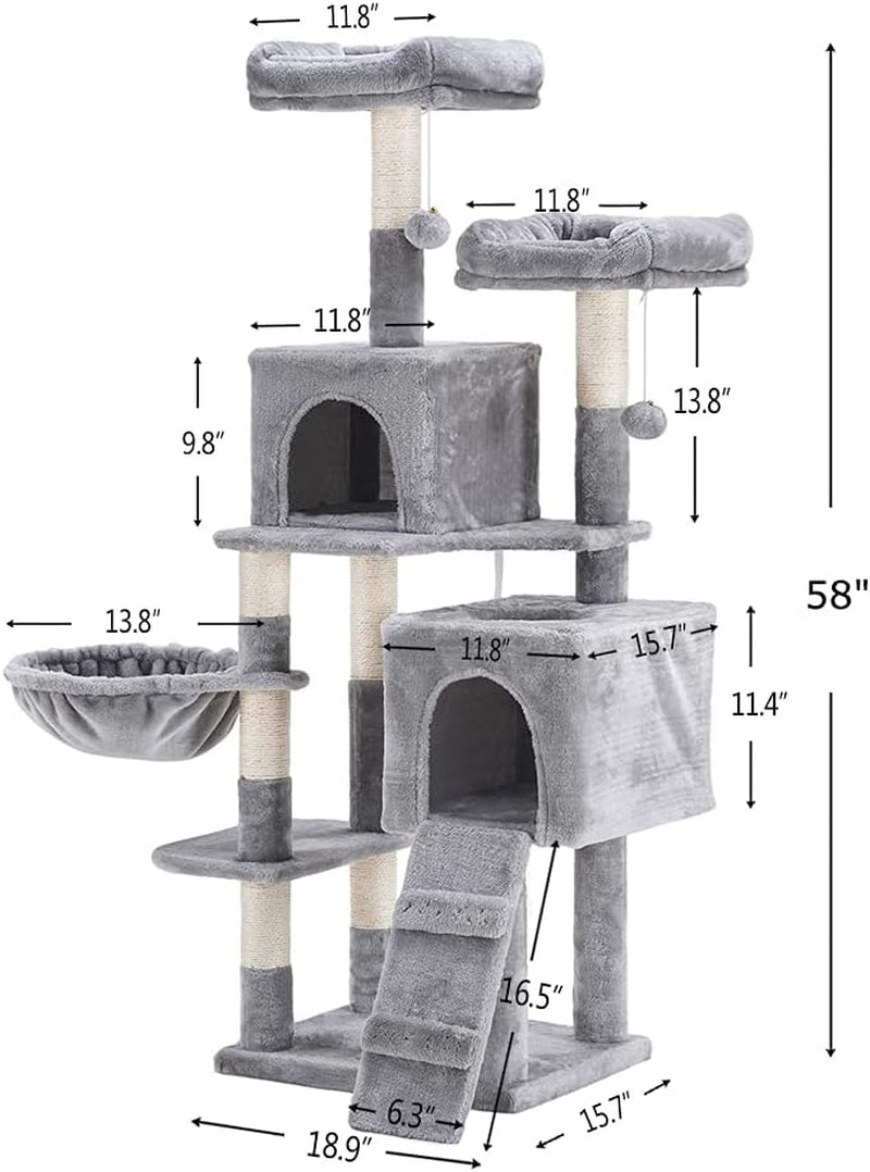 58'' Multi-Level Cat Tree Condo Furniture with Sisal-Covered Scratching Posts, 2 Plush Condos, Hammock for Kittens, Cats and Pets Light Gray MPJ013W