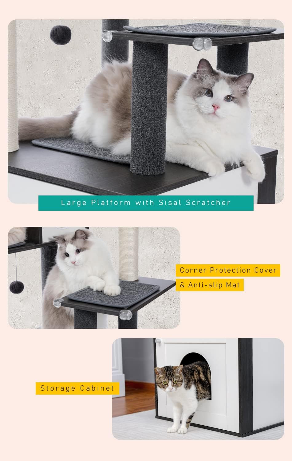 56.7" Cat Tree with Litter Box Enclosure Large, Wood Cat Tower for Indoor Cats with Storage Cabinet and Cozy Cat Condo, Sisal Covered Scratching Post and Repalcable Dangling Balls, Black