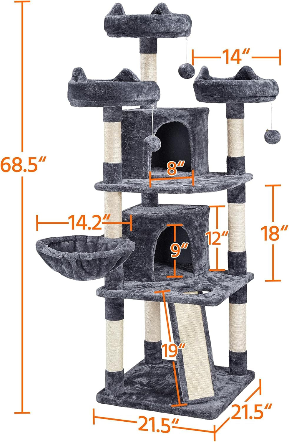 68.5In Multi-Level Large Cat Condo with Sisal-Covered Platforms Scratching Board & Scratching Posts, Cozy Perches, Stable Cat Tower/Tree Pet Play House, Dark Gray